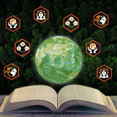 Image of planet earth over a an open book, with icons representing sustainability matters all around