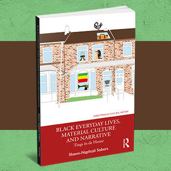 A cartoon drawing of a Black British Home, showing a black man wearing a Rasta hat through the window of the home.